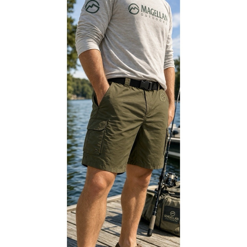 Magellan Outdoors Fish Gear Shorts Men's L Olive Cargo Belted‎ Fishing Hiking